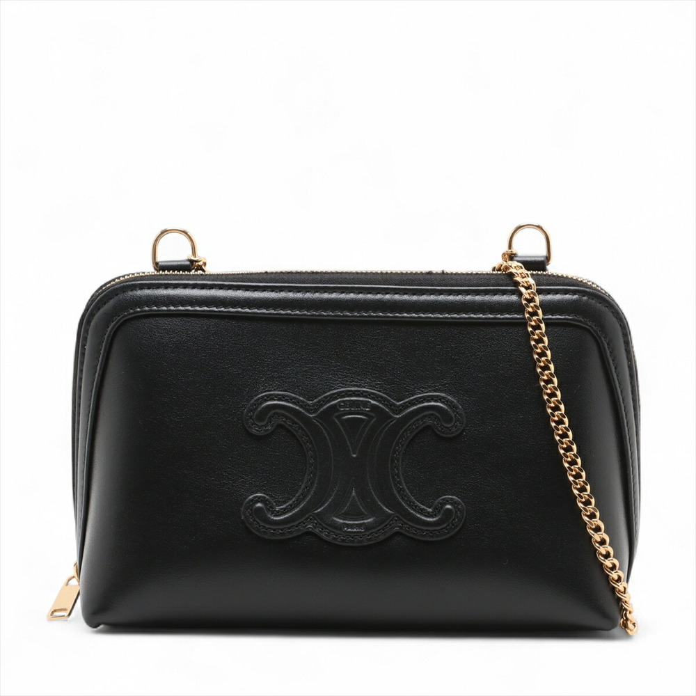 Celine Triomphe Chain Clutch Cuir Leather Shoulder Bag Black